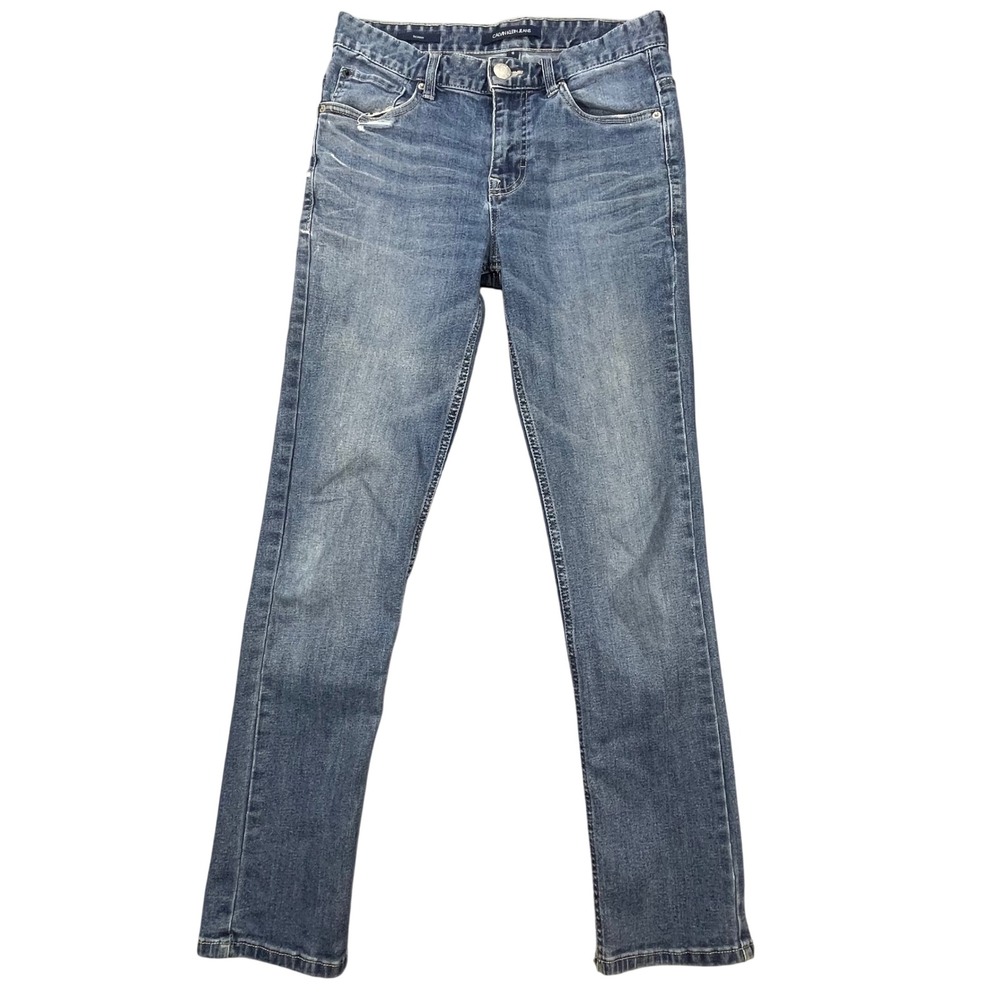 Calvin Klein Blue Skinny Jeans Women Size 16 Medium Wash Stretch Distressed